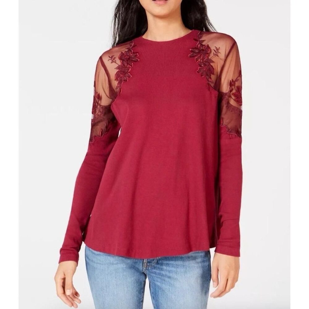 Free People Daniella Ribbed Embroidered Mesh Shoulder Long Sleeve Top in Berry S